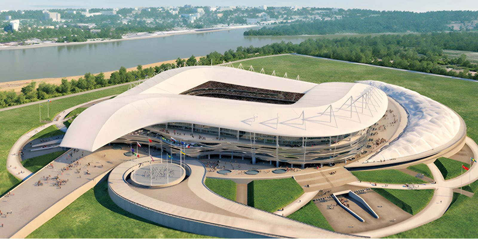Aerial render of a stadium with a wave roof beside a river
