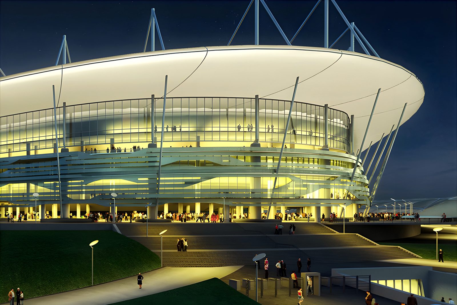 Night render of illuminated stadium bowl and entrance ramps