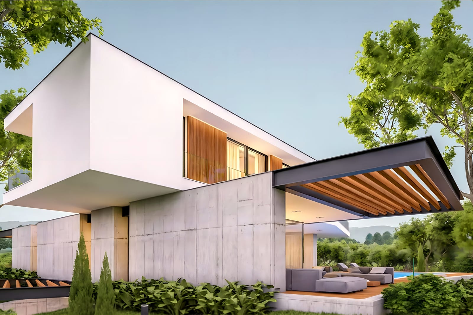 White cantilevered modular villa with a timber pergola beside a pool